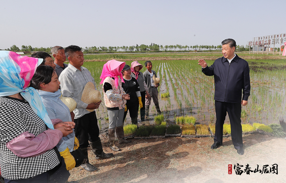 2020年6月9日，習(xí)近平在寧夏回族自治區(qū)銀川市賀蘭縣稻漁空間鄉(xiāng)村生態(tài)觀光園，同正在勞作的村民親切交談。
